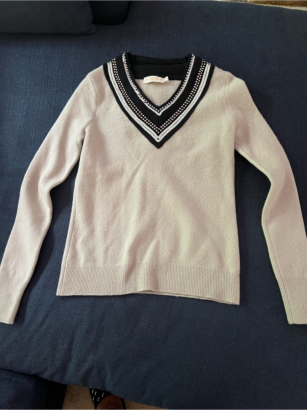 Tory Burch women’s sweater with sequin & jeweled neckline